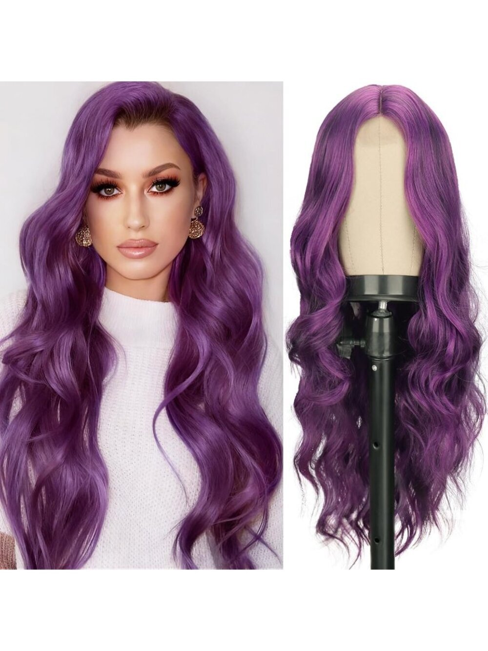 Women's Purple 26 Inch Natural Synthetic Modern Long Curly Wavy Fiber Wigs